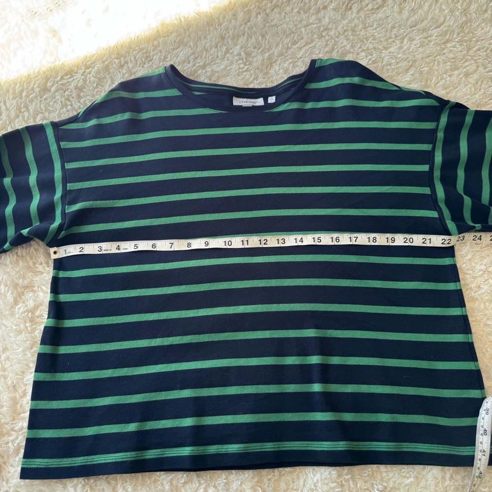 Chico's 100% Cotton Green/Blue Striped Wide-Sleeve Drop-Shoulder T-Shirt 2 (L) - Picture 6 of 11